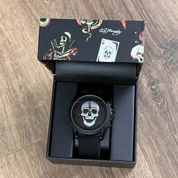 NEW Ed Hardy Silver Black 3D Skull Mens Watch